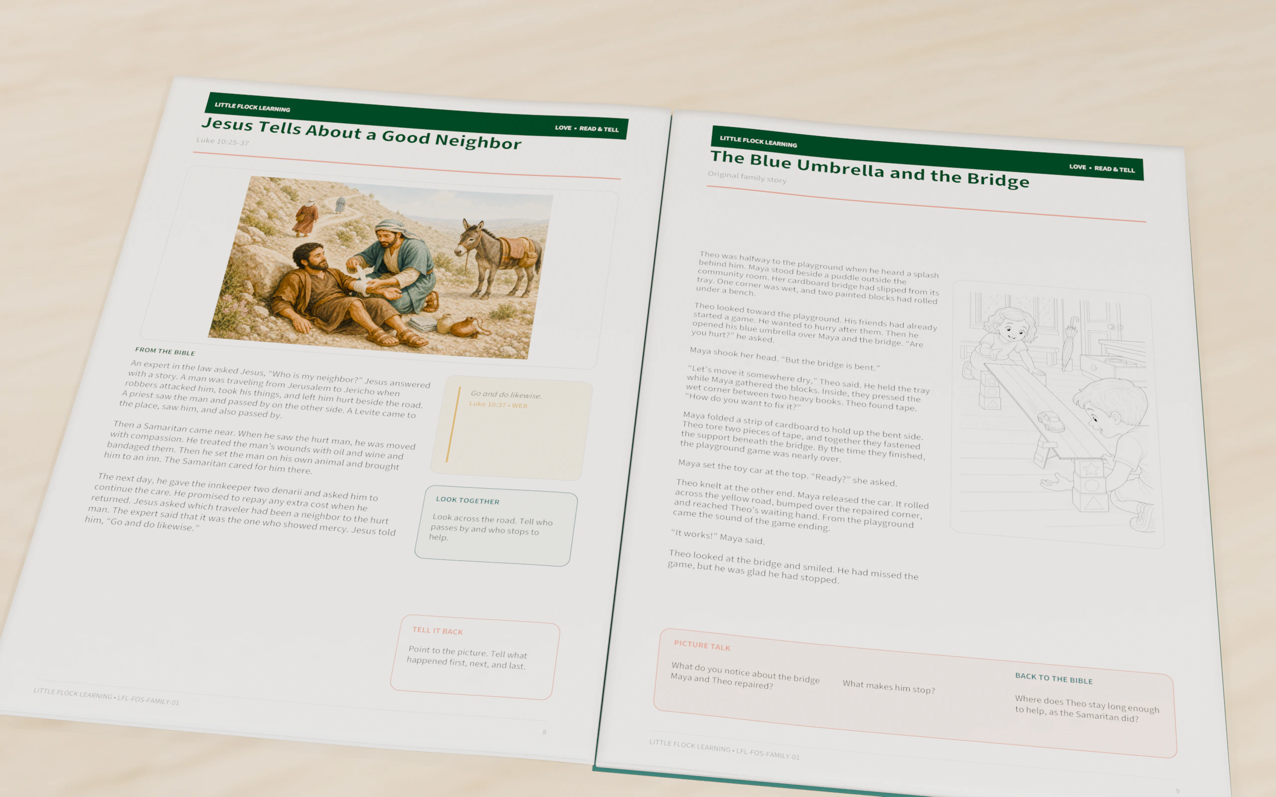 Fruit of the Spirit workbook open to two exact lesson pages